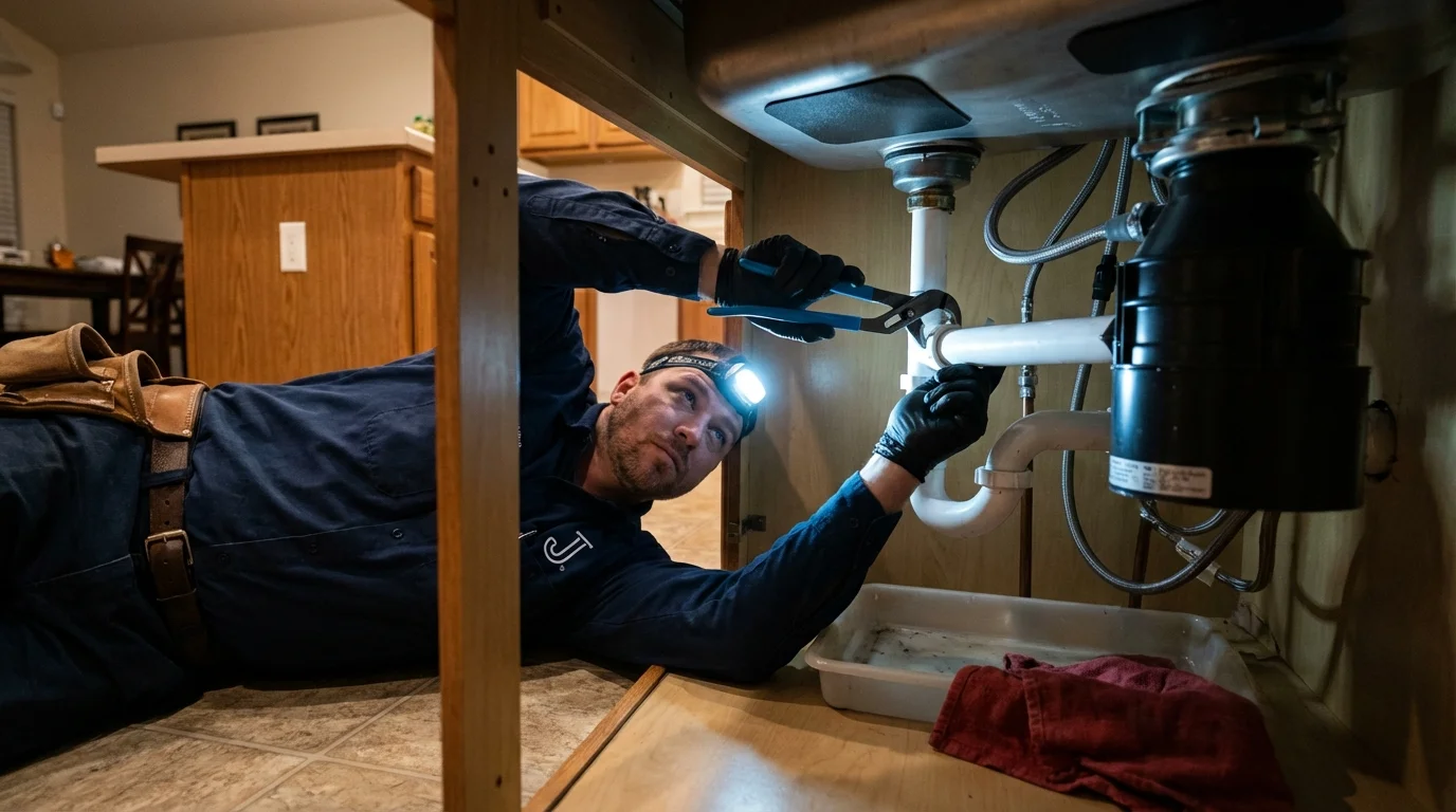 P-trap and supply line connections under a kitchen sink showing a common leak point in Citrus Heights, CA